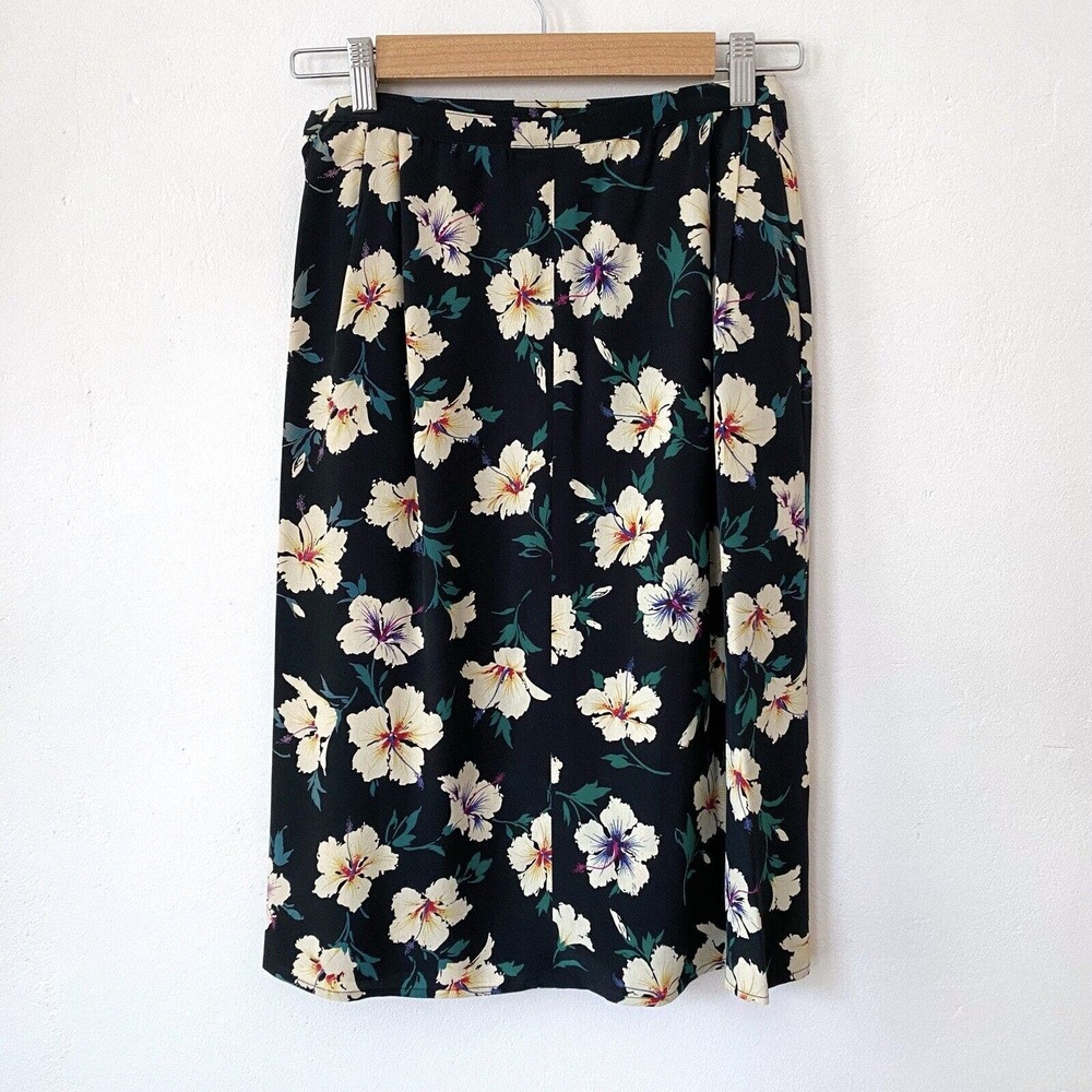 Vintage 70's Emanuel Ungaro Silk Skirt Black White Green Floral Pleated Small - Picture 5 of 6